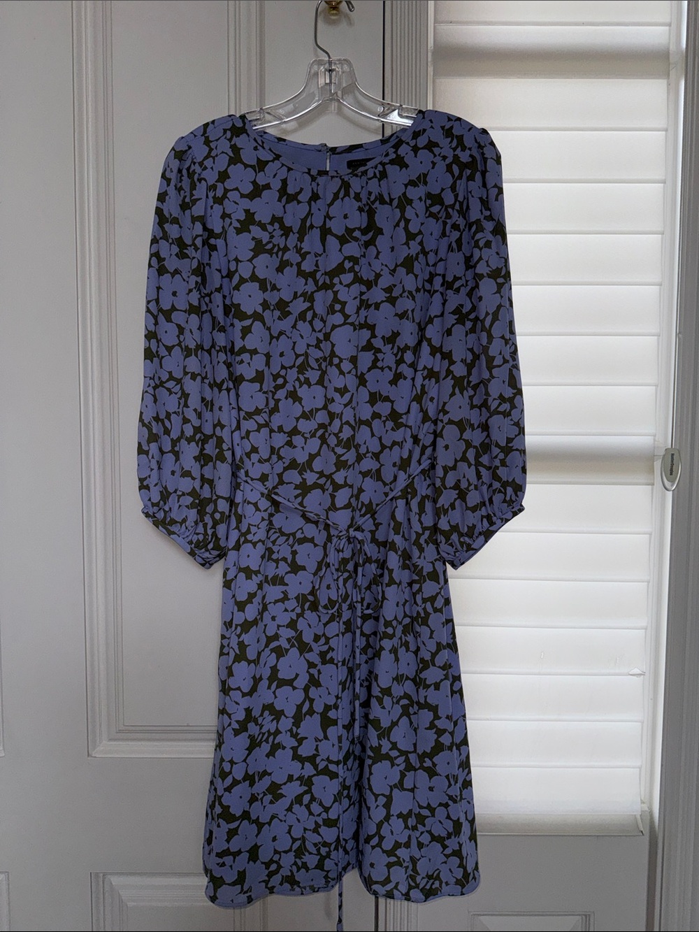 Ann Taylor Lilac and Gray Floral Tie-Waist Long Sleeve Dress